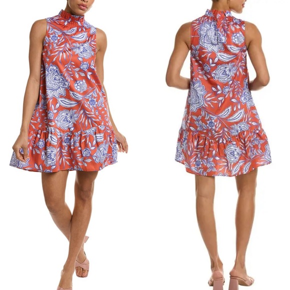 Tyler Boe Stella Fleur De Lis Skimmer Floral Print Ruffle Neck Mini Dress - S - Picture 1 of 16